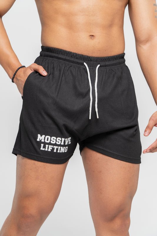 MOSSIVE Lifting Waffle Knit Drawstring Shorts, Black