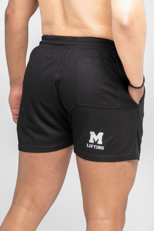 MOSSIVE Lifting Waffle Knit Drawstring Shorts, Black