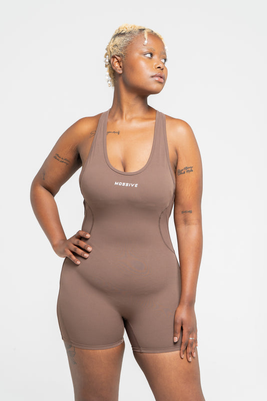 MOSSIVE Racerback Unitard, Brown, One-Piece Activewear