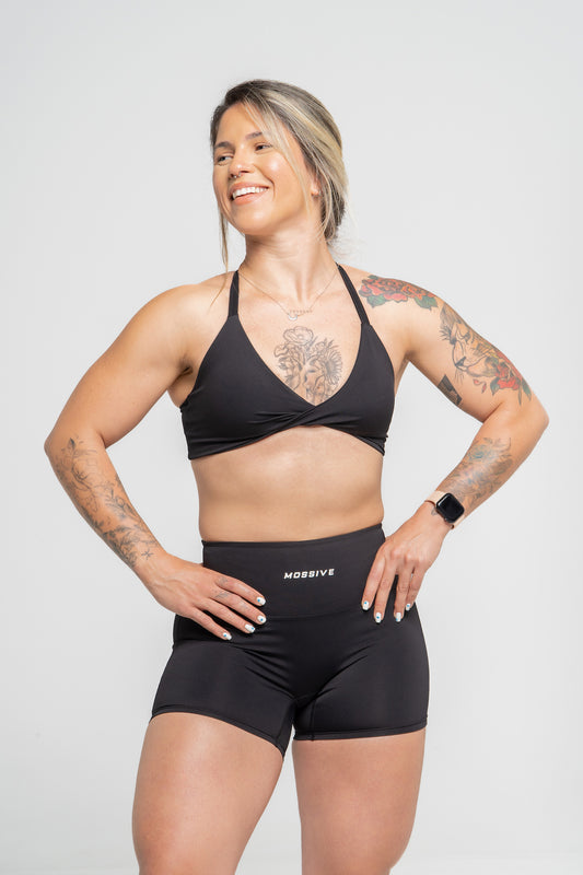 Mossive Twist Front Fitness Top and Shorts Set, Black