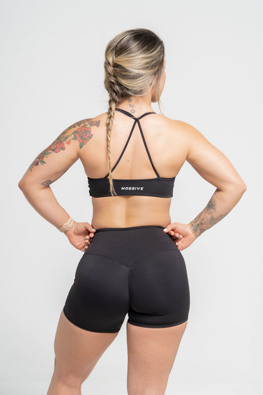 Mossive Twist Front Fitness Top and Shorts Set, Black