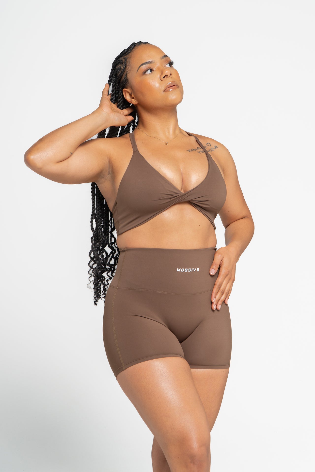 Mossive Twist Front Fitness Top and Shorts Set, Brown