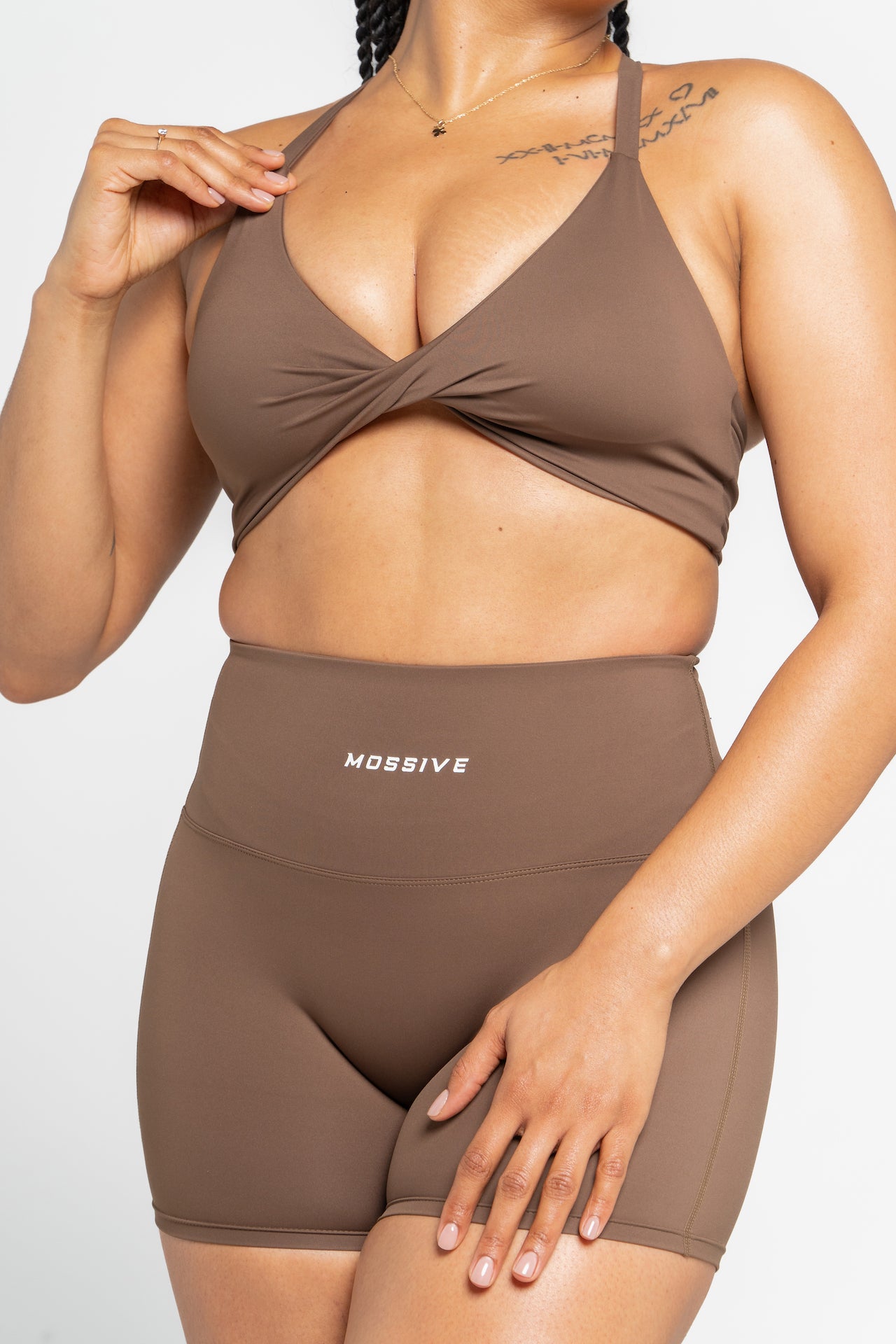 Mossive Twist Front Fitness Top and Shorts Set, Brown